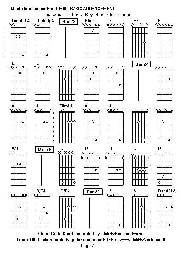 Chord Grids Chart of chord melody fingerstyle guitar song-Music box dancer-Frank Mills-BASIC ARRANGEMENT,generated by LickByNeck software.